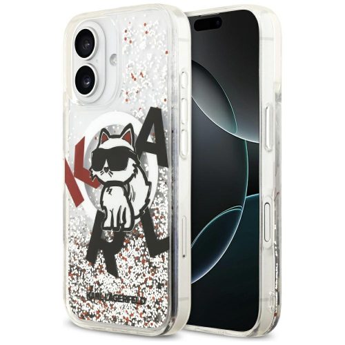 Karl Lagerfeld Liquid Glitter Choupette Logo Apple iPhone 17 MagSafe kompatibilis hátlap tok, csillámos, átlátszó