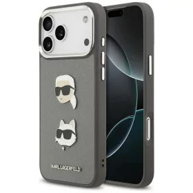   Karl Lagerfeld FW Grained Karl & Choupette Heads Pins & Logo Apple iPhone 17 Pro hátlap tok, szürke