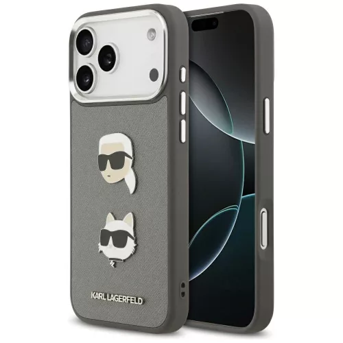 Karl Lagerfeld FW Grained Karl & Choupette Heads Pins & Logo Apple iPhone 17 Pro hátlap tok, szürke