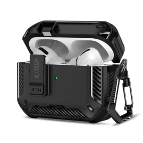   Tech-Protect AirPods Pro 3 strapabíró tok erősített sarkakkal, karabinerrel, fekete (carbon)