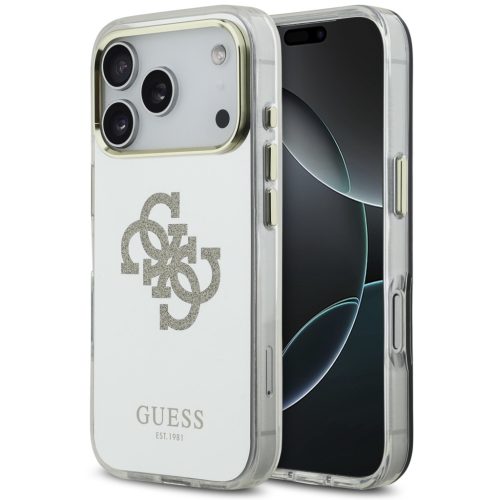 Guess PC/TPU Mirror 4G Glitter Logo Apple iPhone 17 Pro Max csillámos hátlap tok kameravédő peremmel, MagSafe, arany