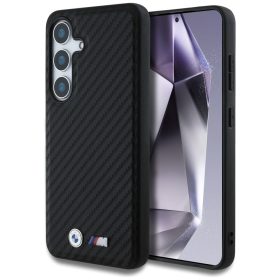   BMW Leather Carbon Samsung Galaxy S25 bőr MagSafe hátlap tok, fekete