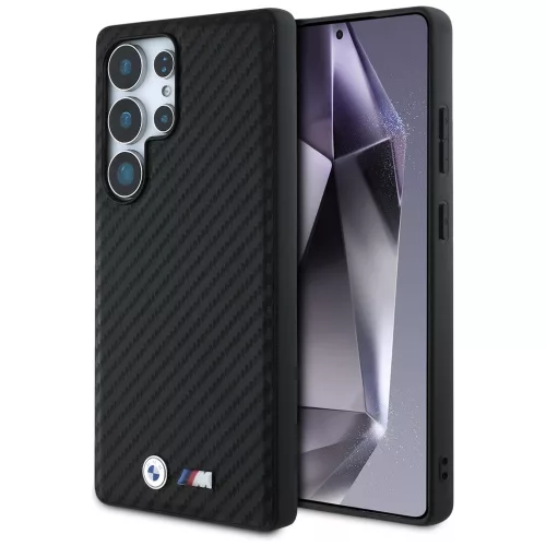 BMW Leather Carbon Samsung Galaxy S25 Ultra bőr MagSafe hátlap tok, fekete