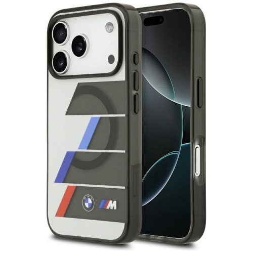 BMW M IML Metal Buttons Tricolor Lines Apple iPhone 17 Pro MagSafe hátlap tok, antracit szürke