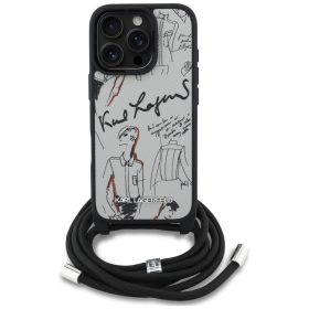   Karl Lagerfeld Crossbody Grained Pattern & Logo iPhone 16 Pro műbőr hátlap tok vállpánttal, MagSafe, szürke
