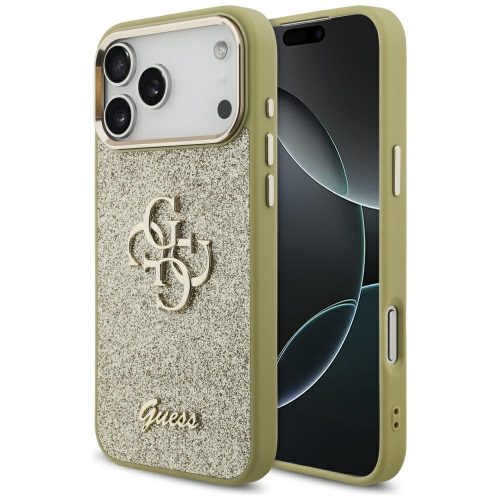 Guess Fixed Glitter Big 4G Metal Frame Apple iPhone 17 Pro Max csillámos hátlap tok, arany