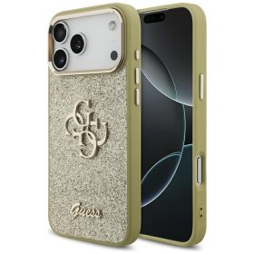   Guess Fixed Glitter Big 4G Metal Frame Apple iPhone 17 Pro csillámos hátlap tok, arany