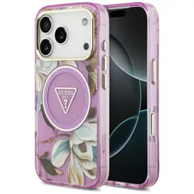  Guess IML Glitter Flowers Triangle Apple iPhone 17 Pro Max csillámos hátlap tok kameravédő peremmel, MagSafe, lila-arany