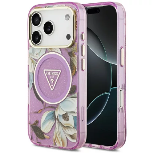Guess IML Glitter Flowers Triangle Apple iPhone 17 Pro Max csillámos hátlap tok kameravédő peremmel, MagSafe, lila-arany