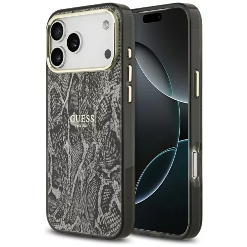 Guess Python Pattern Apple iPhone 17 Pro hátlap tok kameravédő peremmel, MagSafe, kígyó minta, fekete-arany