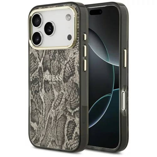 Guess Python Pattern Apple iPhone 17 Pro Max hátlap tok kameravédő peremmel, MagSafe, kígyó minta, barna-arany