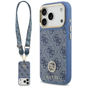   Guess 4G Strass Logo & Big Strap Metal Buttons Apple iPhone 17 Pro hátlap tok univerzális pánttal, MagSafe, kék-arany