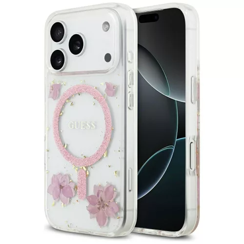 Guess Resin Flowers Glitter Apple iPhone 17 Pro csillámos hátlap tok kameravédő peremmel, MagSafe, rózsaszín