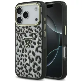   Guess Leopard Glitter Apple iPhone 17 Pro Max csillámos hátlap tok kameravédő peremmel, MagSafe, fekete