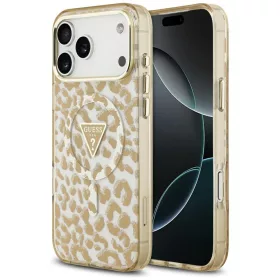   Guess Leopard Glitter Apple iPhone 17 Pro csillámos hátlap tok kameravédő peremmel, MagSafe, barna