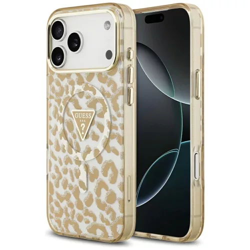 Guess Leopard Glitter Apple iPhone 17 Pro csillámos hátlap tok kameravédő peremmel, MagSafe, barna