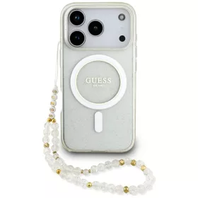   Guess IML Glitter Pearl Strap Apple iPhone 17 Pro csillámos hátlap tok karpánttal, MagSafe, átlátszó-arany