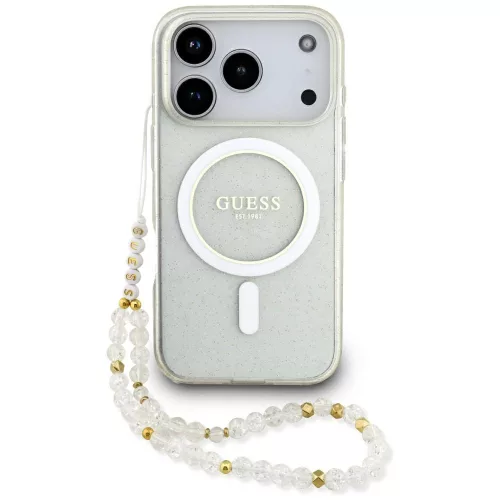 Guess IML Glitter Pearl Strap Apple iPhone 17 Pro csillámos hátlap tok karpánttal, MagSafe, átlátszó-arany