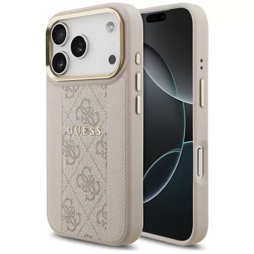 Guess 4G Stripe Apple iPhone 17 Pro hátlap tok kameravédő peremmel, MagSafe, rózsaszín-arany
