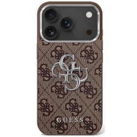   Guess 4G Big 4G Classic Logo Apple iPhone 17 hátlap tok kameravédő peremmel, barna-ezüst