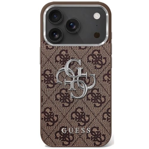 Guess 4G Big 4G Classic Logo Apple iPhone 17 hátlap tok kameravédő peremmel, barna-ezüst