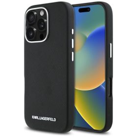   Karl Lagerfeld Saffiano Full Wrapped Elongated Metal Logo iPhone 16 Pro hátlap tok kameravédelemmel, MagSafe, fekete