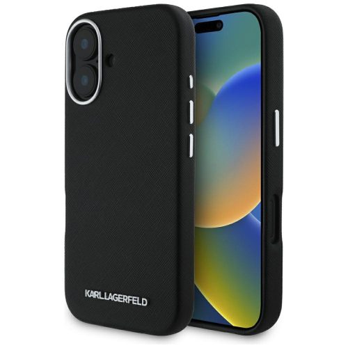 Karl Lagerfeld Saffiano Full Wrapped Elongated Metal Logo iPhone 16 hátlap tok kameravédelemmel, MagSafe, fekete