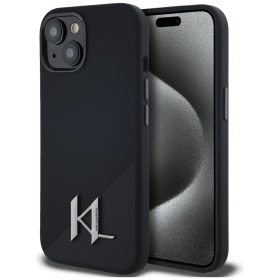   Karl Lagerfeld Silicone Shadow Metal Initial iPhone 15 hátlap tok kameravédelemmel, MagSafe, fekete