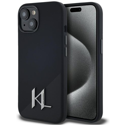 Karl Lagerfeld Silicone Shadow Metal Initial iPhone 15 hátlap tok kameravédelemmel, MagSafe, fekete