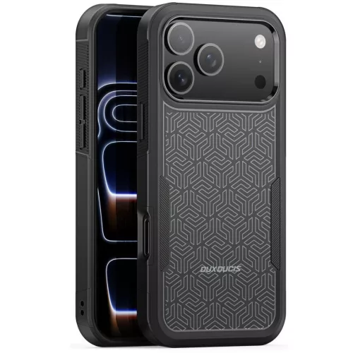 Dux Ducis SHLD Apple iPhone 17 Pro hátlap tok megerősített szélekkel, kameravédelemmel, fekete (háromszög minta)