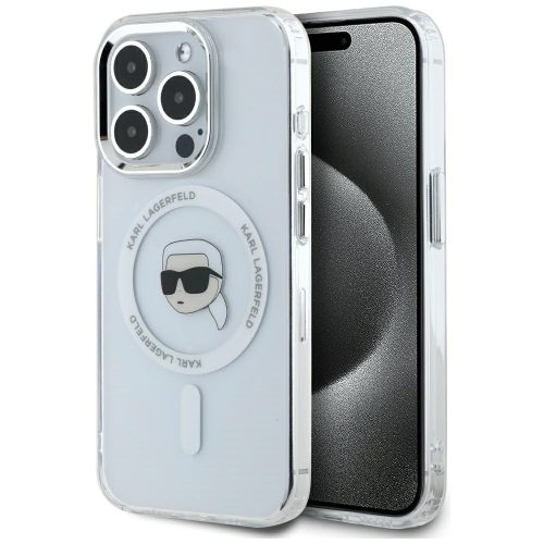 Karl Lagerfeld IML Metal Karl Head iPhone 15 Pro hátlap tok kameravédelemmel, MagSafe, fehér