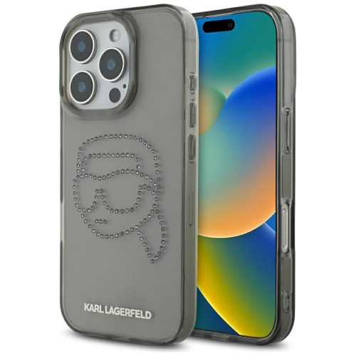 Karl Lagerfeld IML Rhinestones Karl Head iPhone 16 Pro hátlap tok kameravédelemmel, fekete