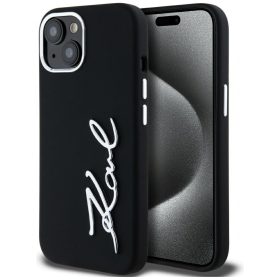  Karl Lagerfeld Silicone Metal Script Logo iPhone 15 hátlap tok kameravédelemmel, fekete