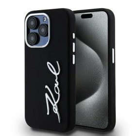   Karl Lagerfeld Silicone Metal Script Logo iPhone 15 Pro Max hátlap tok kameravédelemmel, fekete