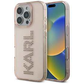   Karl Lagerfeld IML Rhinestones Logo iPhone 16 Pro hátlap tok kameravédelemmel, rózsaszín