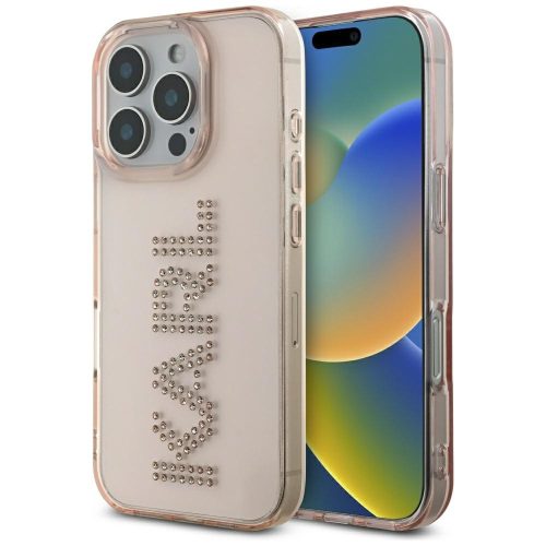 Karl Lagerfeld IML Rhinestones Logo iPhone 16 Pro hátlap tok kameravédelemmel, rózsaszín