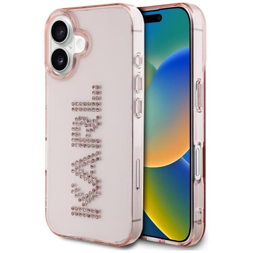 Karl Lagerfeld IML Rhinestones Logo iPhone 16 hátlap tok kameravédelemmel, rózsaszín
