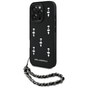   Karl Lagerfeld Saffiano Crystals iPhone 16 Pro hátlap tok karlánccal, fekete