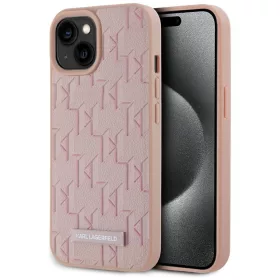   Karl Lagerfeld Leather Monogram Metal Logo iPhone 15 hátlap tok, MagSafe, rózsaszín