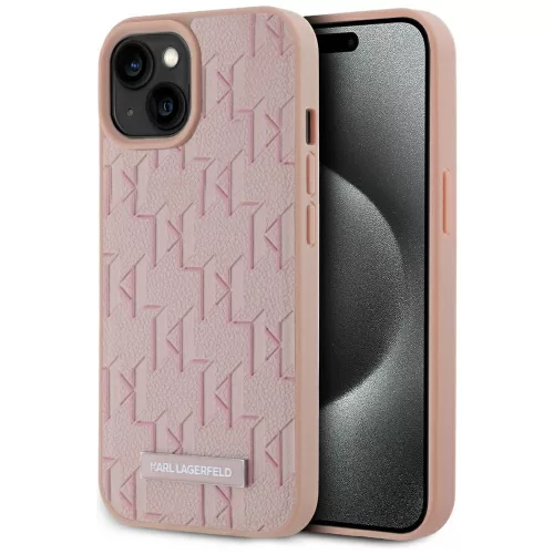 Karl Lagerfeld Leather Monogram Metal Logo iPhone 15 hátlap tok, MagSafe, rózsaszín