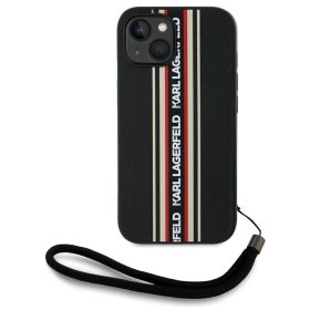   Karl Lagerfeld Saffiano Athleisure Stripes Cord iPhone 15 Pro hátlap tok csuklópánttal, fekete-piros
