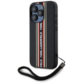   Karl Lagerfeld Saffiano Athleisure Stripes Cord iPhone 15 Pro Max hátlap tok csuklópánttal, fekete-piros