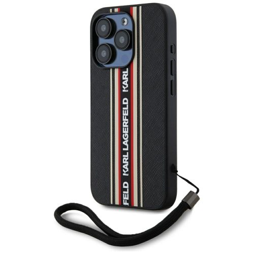 Karl Lagerfeld Saffiano Athleisure Stripes Cord iPhone 15 Pro Max hátlap tok csuklópánttal, fekete-piros