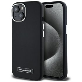   Karl Lagerfeld FW Metal Plate iPhone 15 hátlap tok kameravédelemmel, MagSafe, fekete-ezüst