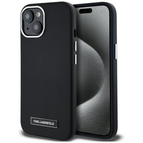 Karl Lagerfeld FW Metal Plate iPhone 15 hátlap tok kameravédelemmel, MagSafe, fekete-ezüst