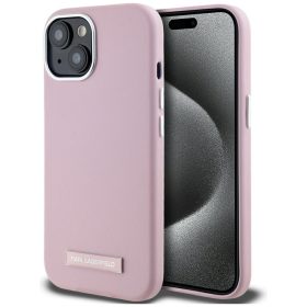   Karl Lagerfeld FW Metal Plate iPhone 15 hátlap tok kameravédelemmel, MagSafe, rózsaszín-ezüst