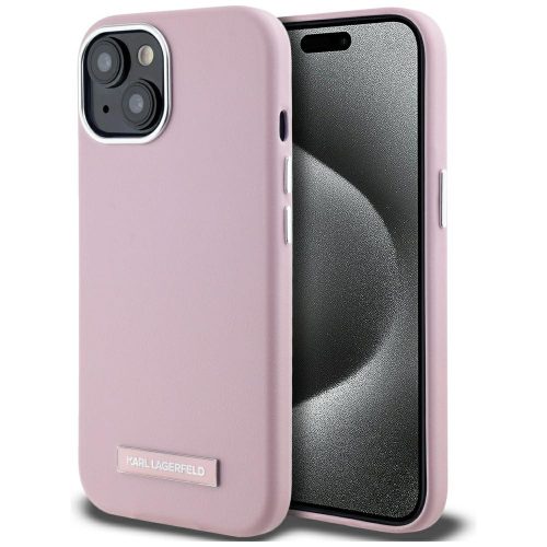 Karl Lagerfeld FW Metal Plate iPhone 15 hátlap tok kameravédelemmel, MagSafe, rózsaszín-ezüst