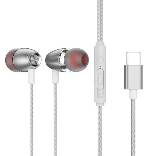 Vezetékes USB-C headset / fülhallgató hangerőszabályzóval, felvevőgombbal, ezüst / szürke