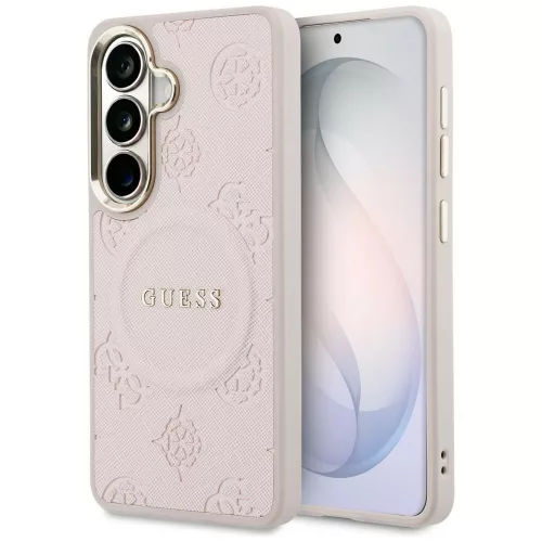 Guess Saffiano Peony Embossed Ring Samsung Galaxy S26 mágneses tok, MagSafe, rózsaszín