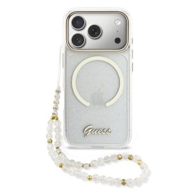   Guess IML Glitter Script Strap Apple iPhone 17 Pro Max csillámos hátlap tok karpánttal, MagSafe, átlátszó-arany